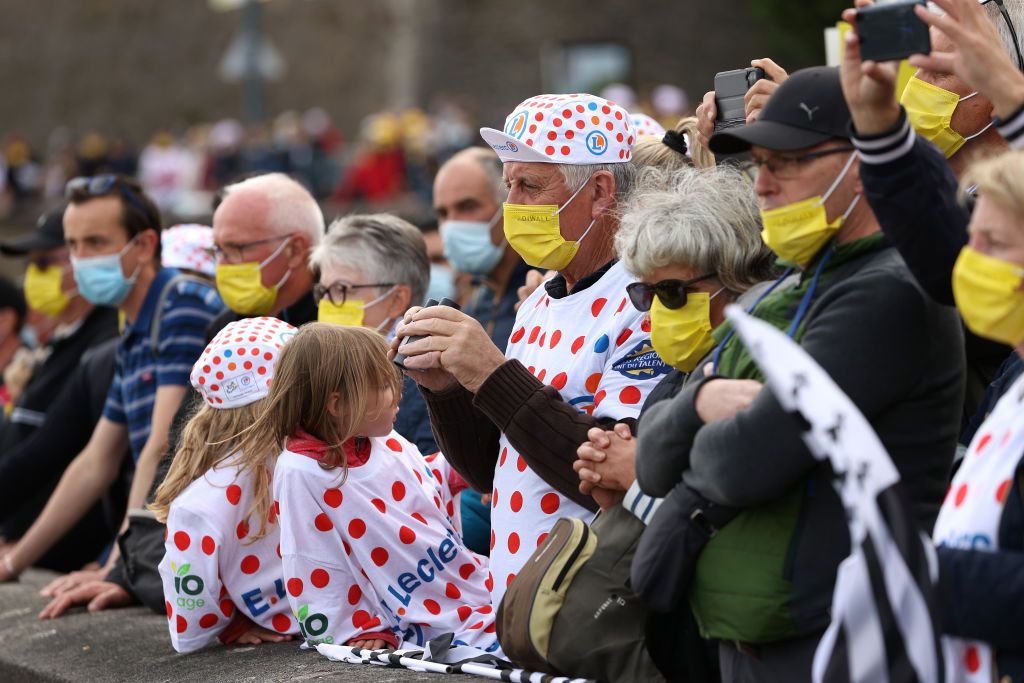 BREST FRANCE JUNE 24 Spectators with Polka Dot Mountain Jersey watching during the 108th Tour de France 2021 Team Presentation Fans Public Covid safety measures Mask LeTour TDF2021 on June 24 2021 in Brest France Photo by Tim de WaeleGetty Images