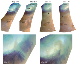 Between late May and early June 2019, several different dust storms were seen to be building up at the north polar ice cap of Mars. These images were taken by Europe's Mars Express when the spacecraft was at an altitude of about 6,200 miles (10,000 kilometers). The long image strips cover an area of about 1,240 miles by 3,100 miles (2,000 by 5,000 kilometres), extending from the north pole equatorward to the large volcanoes Olympus Mons and Elysium Mons.