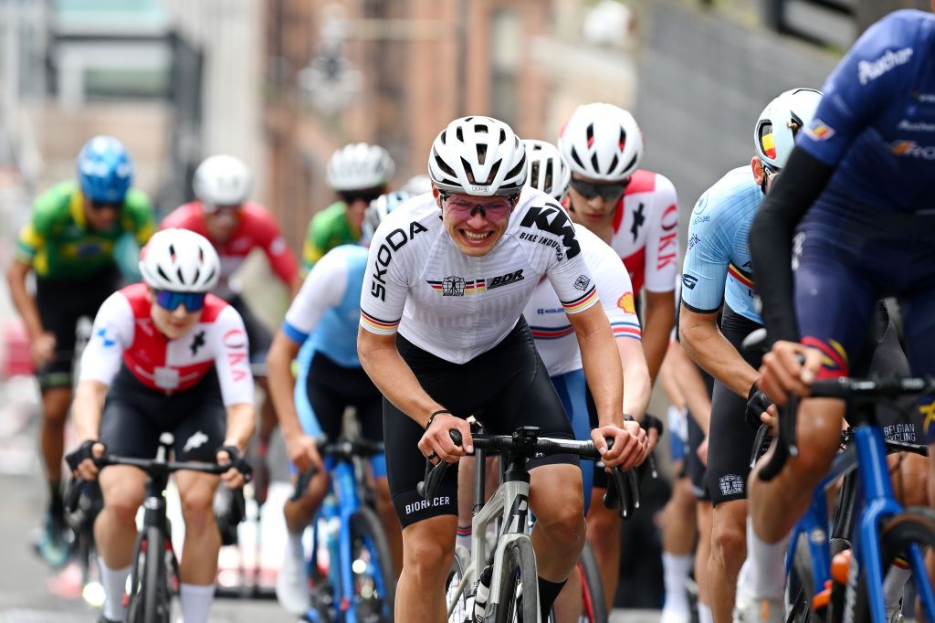 images from the Junior Men's road race at the UCI Road World Championships 2023 in Glasgow