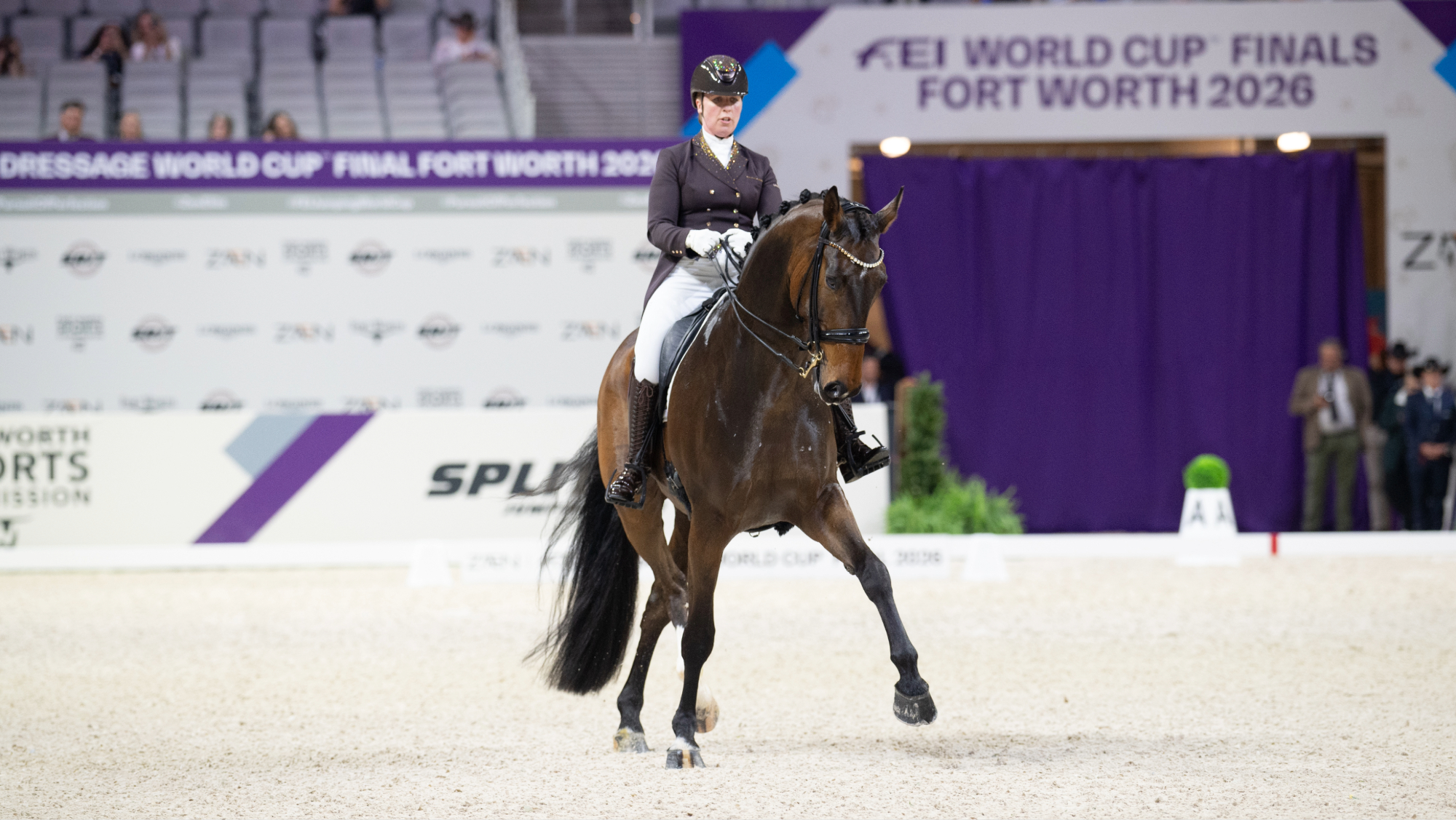 Becky Moody riding Jagerbomb in the grand prix at the 2026 World Cup Final in Fort Worth, Texas