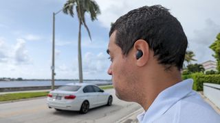The Samsung Galaxy Buds 2 Pro's active noise cancellation being tested outside in West Palm Beach, FL