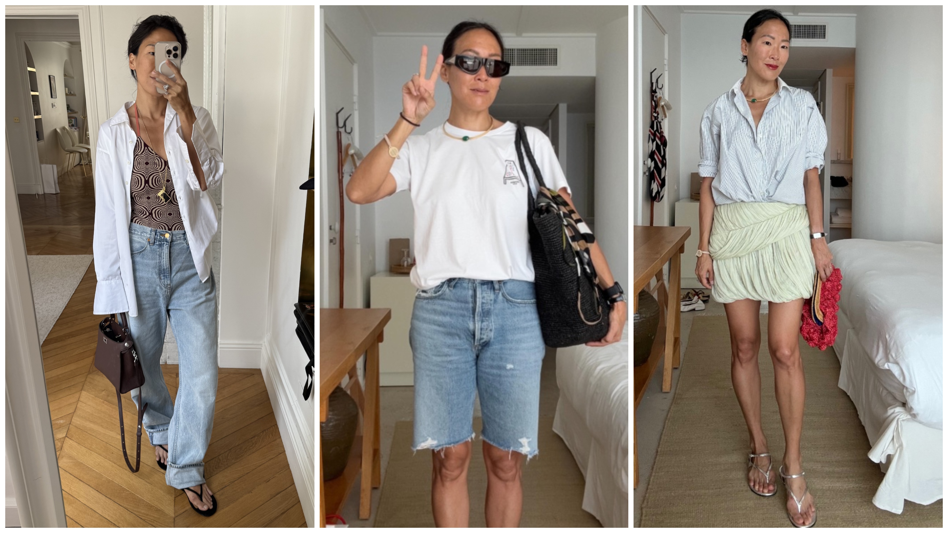 Irene Kim wearing a button-down and jeans; Irene Kim wearing a t-shirt and jeans, Irene Kim wearing a blouse and a skirt 