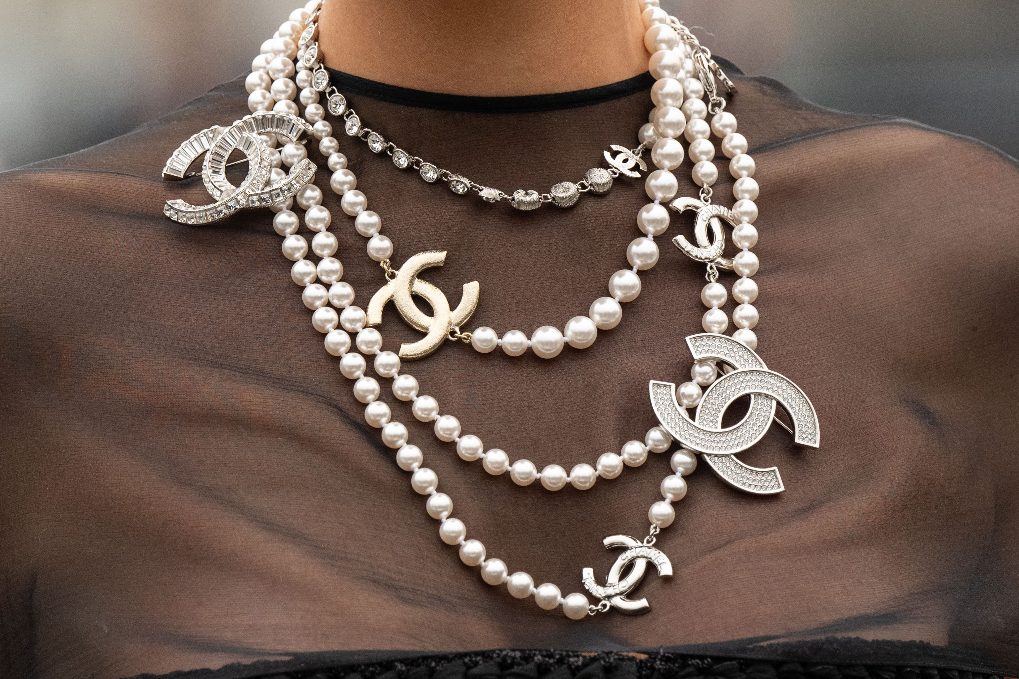 Chanel necklace with pearls and Chanel logos of varying sizes