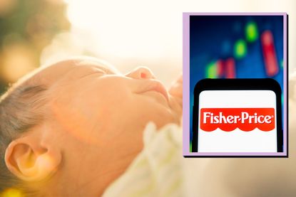 Fisher Price logo on a phone screen as drop in with baby sleeping