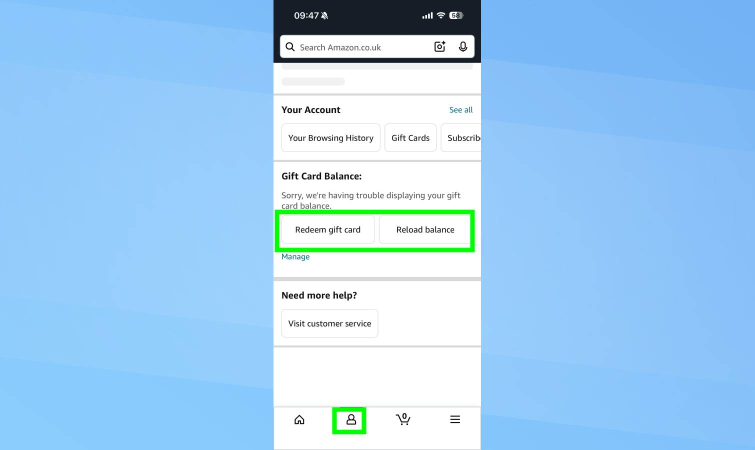 Amazon gift card in app