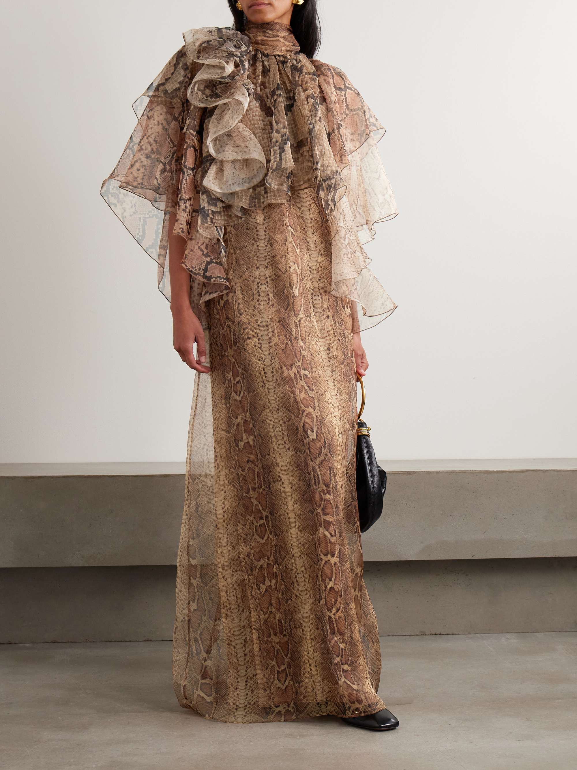 Hypnotic Memento Billow Ruffled Snake-Print Silk-Organza Gown
