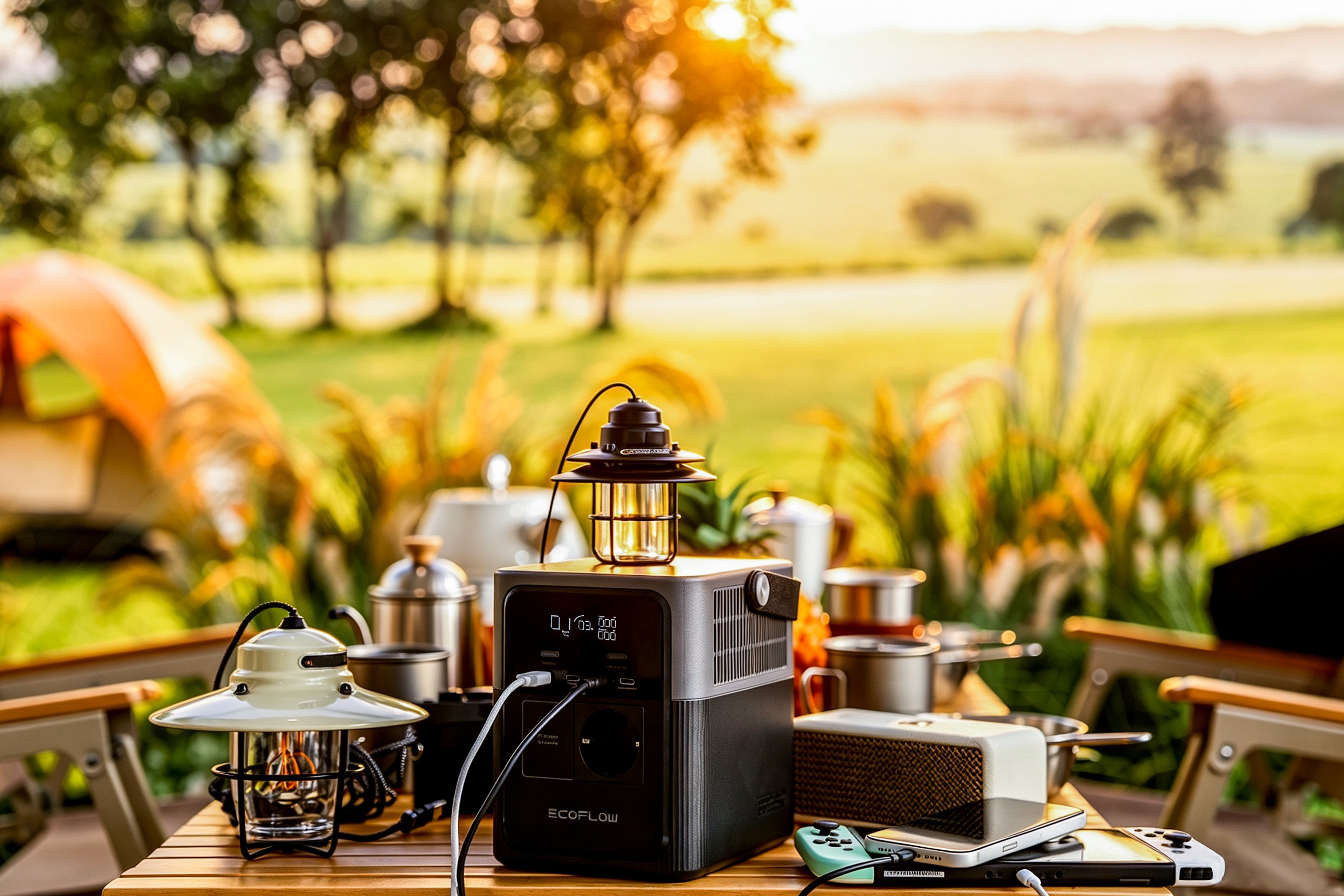 EcoFlow portable power station on a table surrounded by camping equipment with a campsite visible but slightly blurry in the background.
