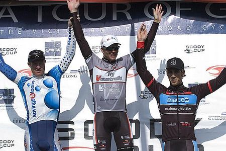 The stage one podium (l-r): Joel Pearson (2nd,Savings and Loans), Jonathan Cantwell (1st,Fly V Australia), and Dale Scarfe (3rd,Mace-McDonagh Blake).