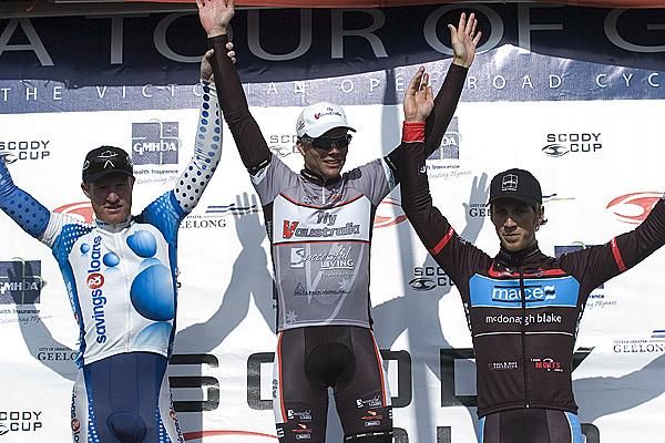 The stage one podium (l-r): Joel Pearson (2nd,Savings and Loans), Jonathan Cantwell (1st,Fly V Australia), and Dale Scarfe (3rd,Mace-McDonagh Blake).