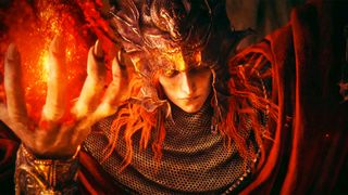 Elden Ring Shadow of the Erdtree trailer screencap of a red haired character holding fire in their hand
