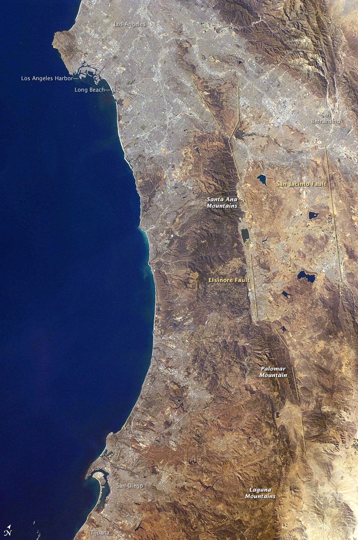 The San Jacinto Fault and other earthquake faults are visible in this image of Southern California taken by astornauts aboard the International Space Station.