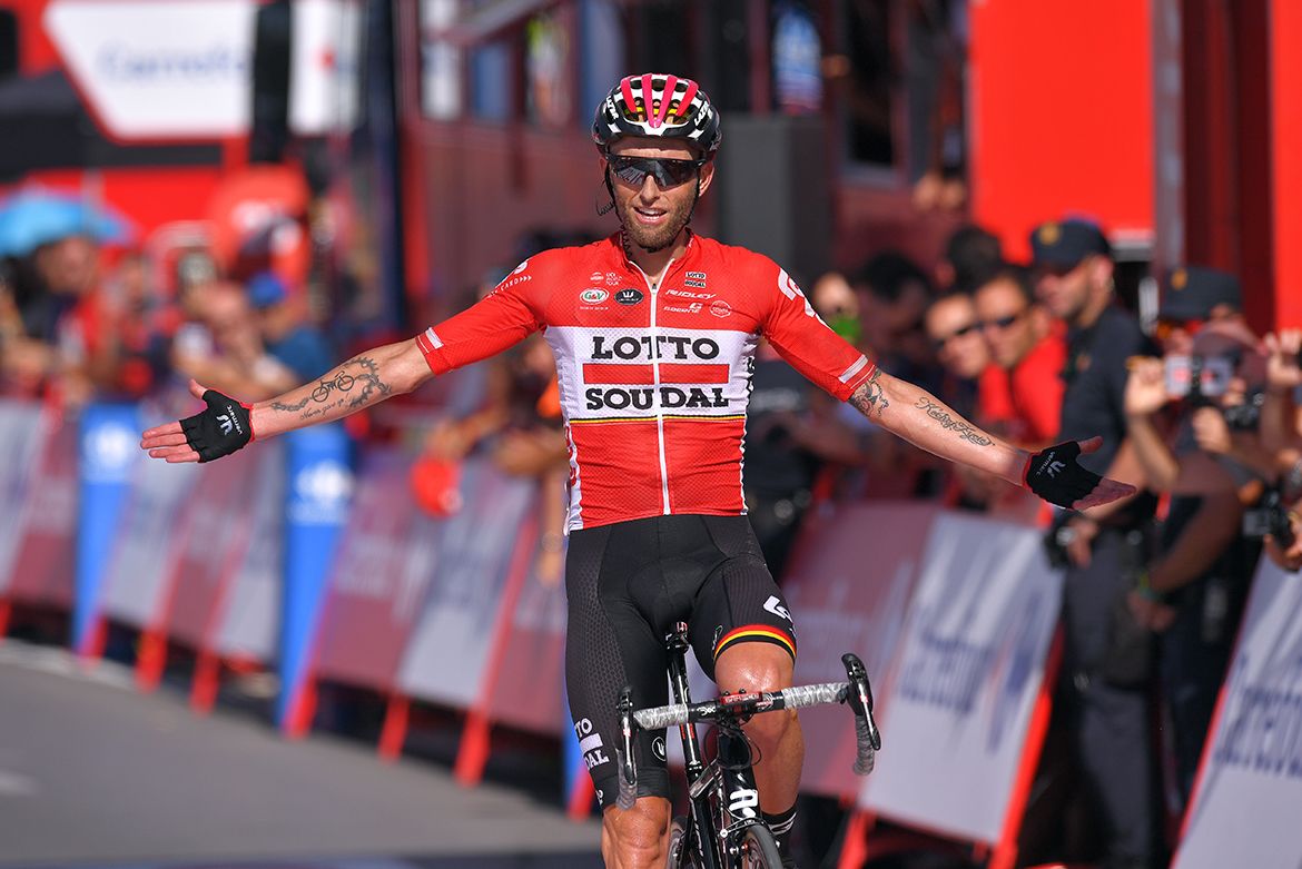 Tomasz Marczynski celebrates his stage 12 win at the Vuelta a Espa&ntilde;a.
