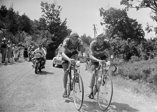 Swiss Ferdi Kubler L and French Raphal Geminiani R ride during the 11th stage MarseilleAvignon of the Tour de France 1955 on July 18 1955 Photo credit should read AFP via Getty Images