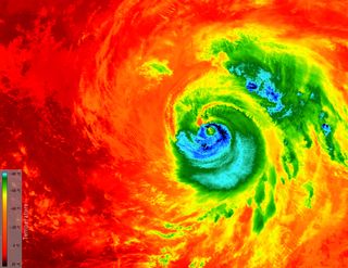 The eye of Hurricane Matthew is seen from space in infrared in this view from the European Space Agency's Copernicus Sentinel-3A satellite captured at 0313 GMT on Oct. 7, 2016.