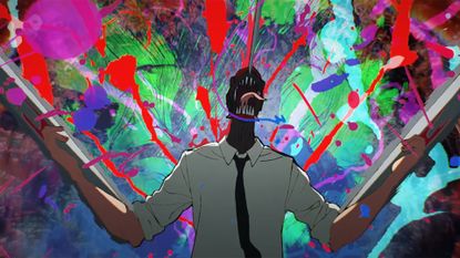 Chainsaw Man revving his chainsaws in front of a psychedelic background
