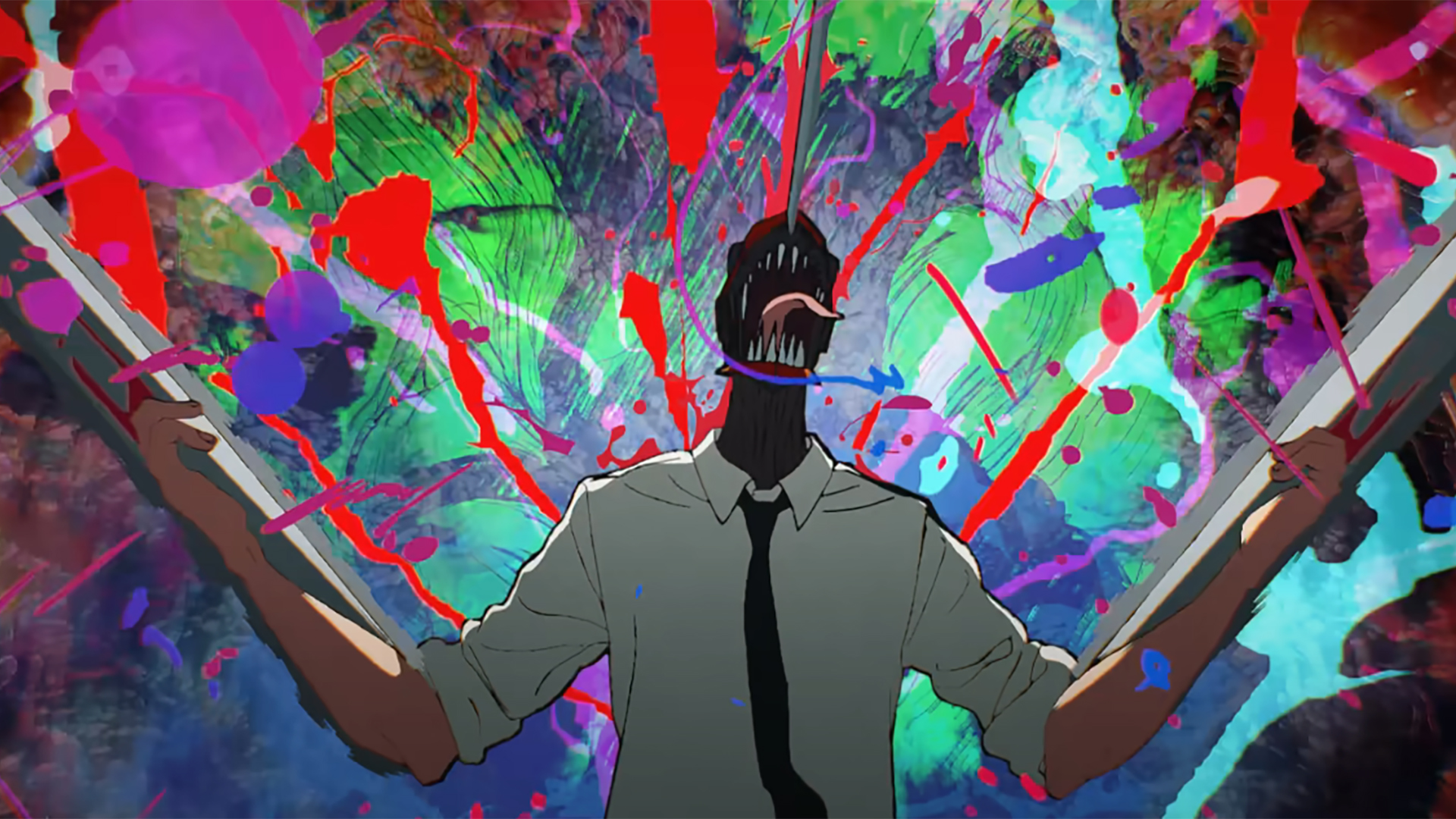 Chainsaw Man revving his chainsaws in front of a psychedelic background