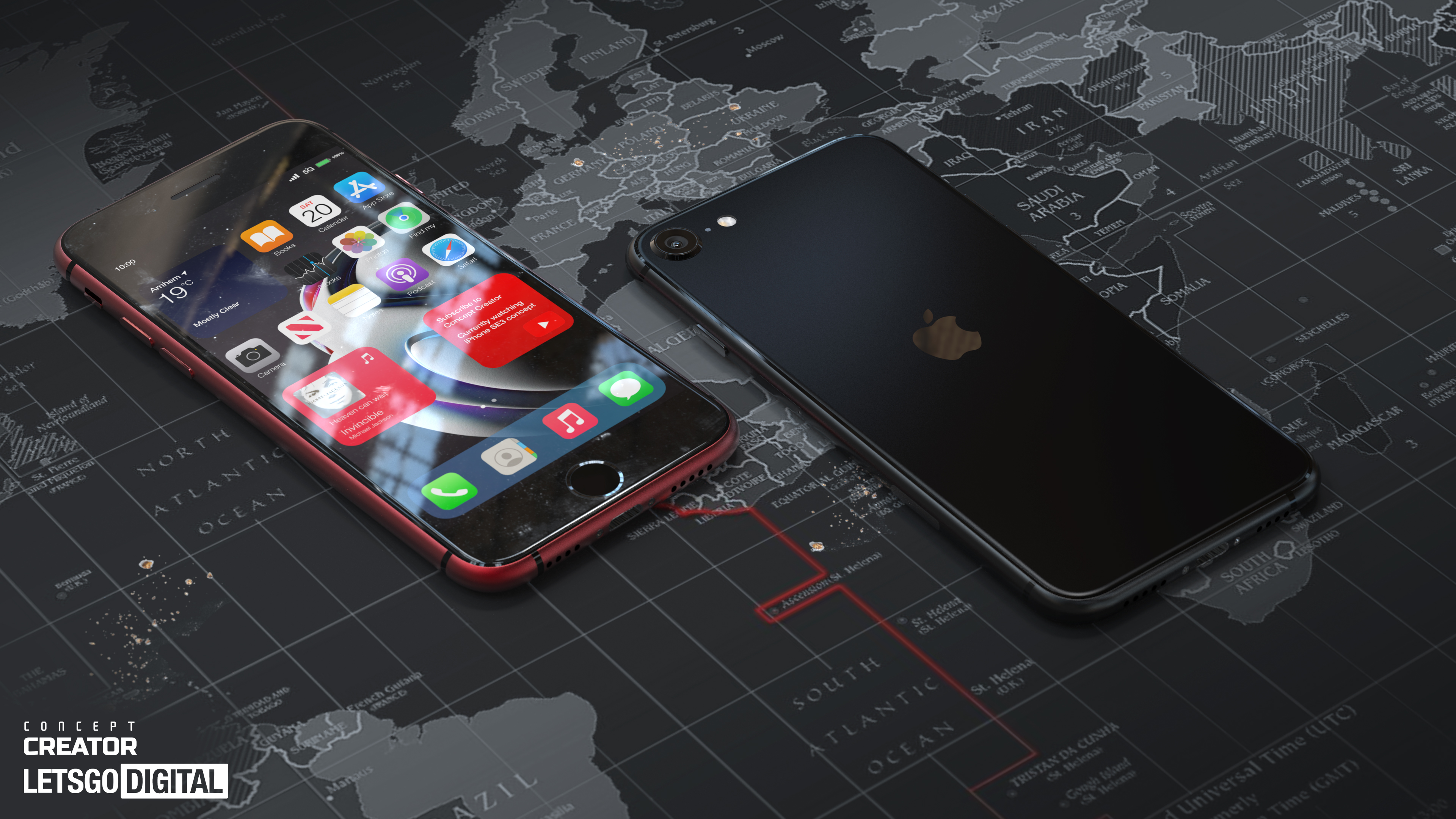 Uma renderização conceitual do iPhone SE 3, mostrando a frente e a parte de trás do telefone em preto