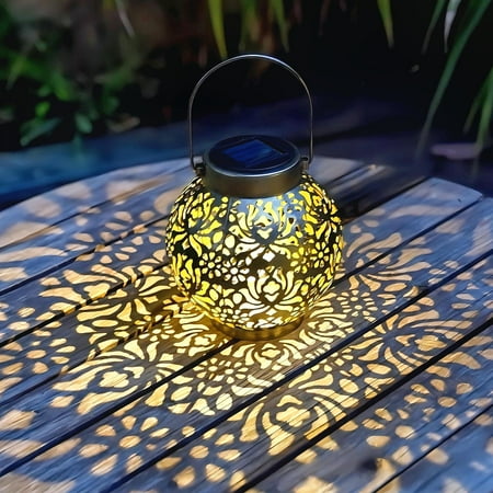2 Pack Outdoor Solar Hanging Lantern Lights Metal Led Decorative Light for Garden Patio Courtyard Lawn and Tabletop With Hollowed-Out Design. Antique Bronze Color.