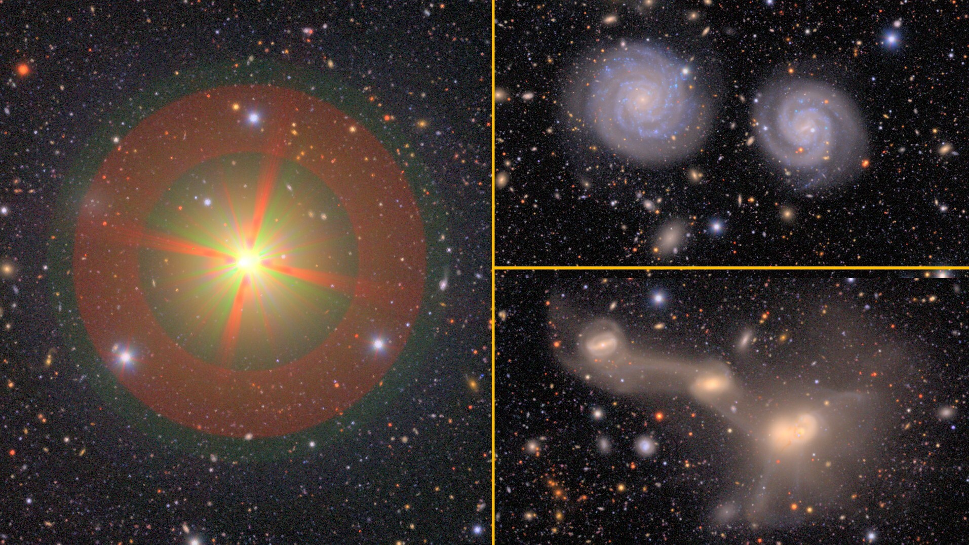 a composite image of multiple pictures of stars and galaxies from the Vera C. Rubin Observatory
