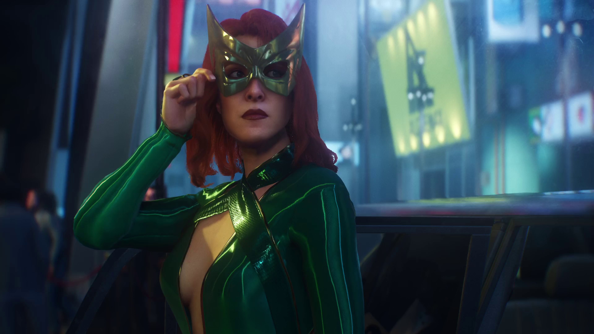 A close up of Jean Gret wearing a green dress and a mask in Marvel's Wolverine