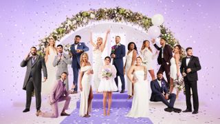 MAFS UK 2023 contestants under a floral arch and a purple background.