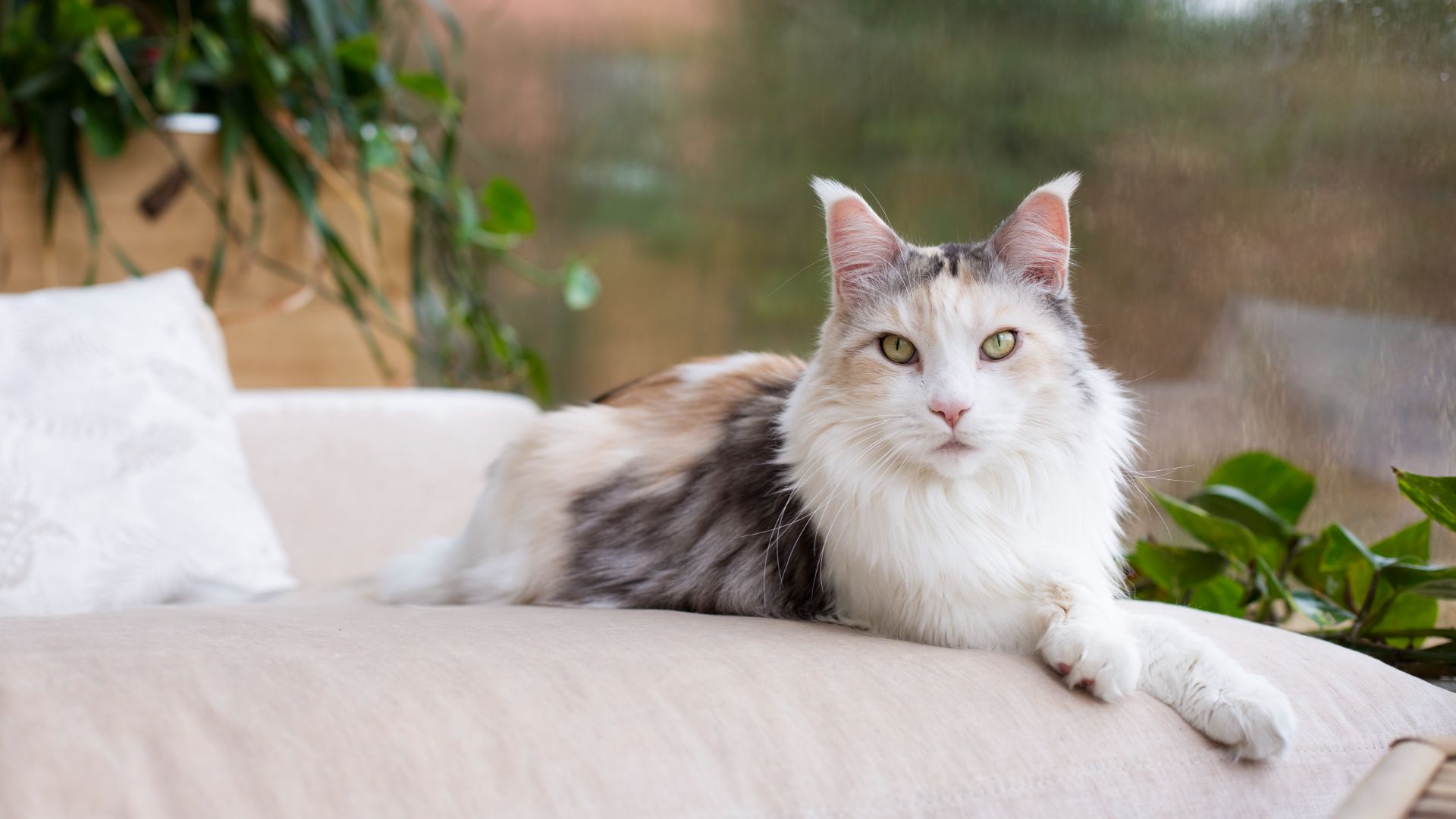 tri-color maine coon with a white bib lies on a white couch