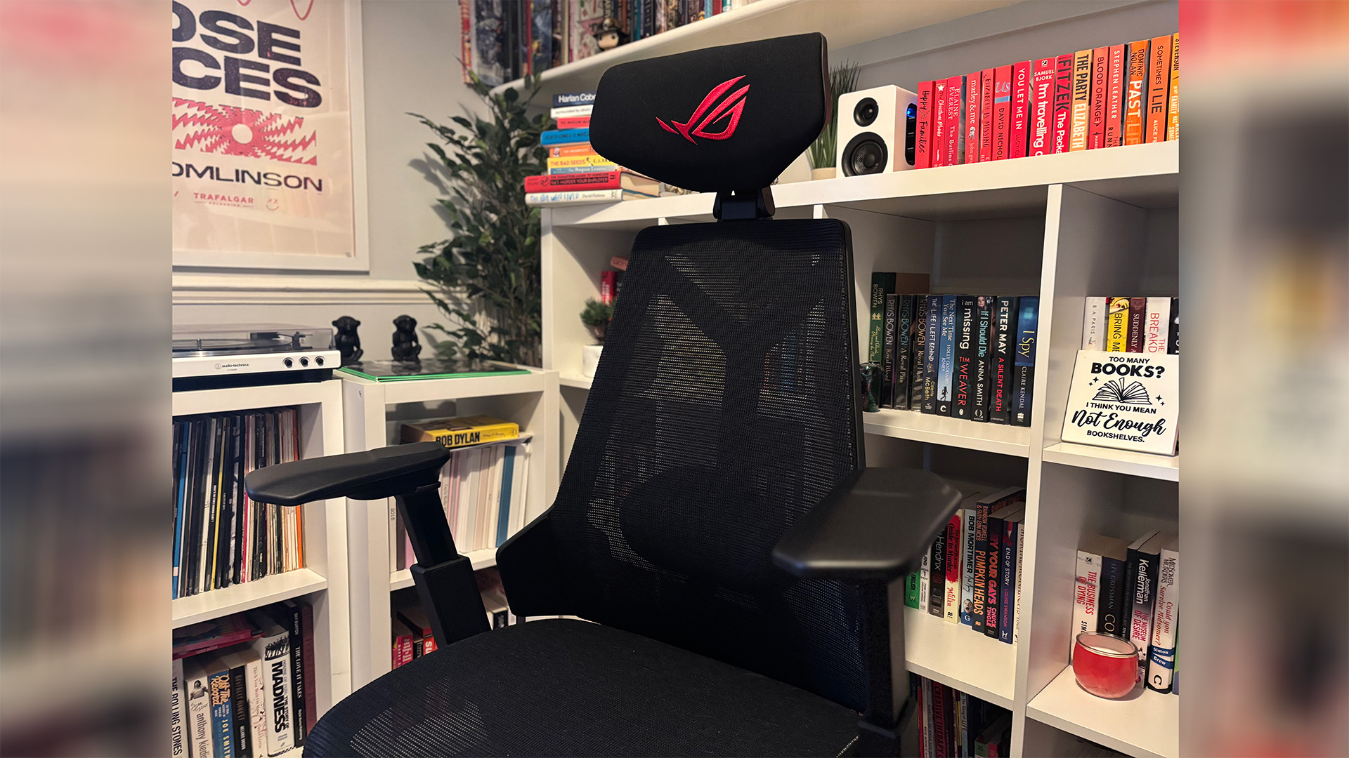 An Asus ROG Destrier gaming chair set-up at a desk.