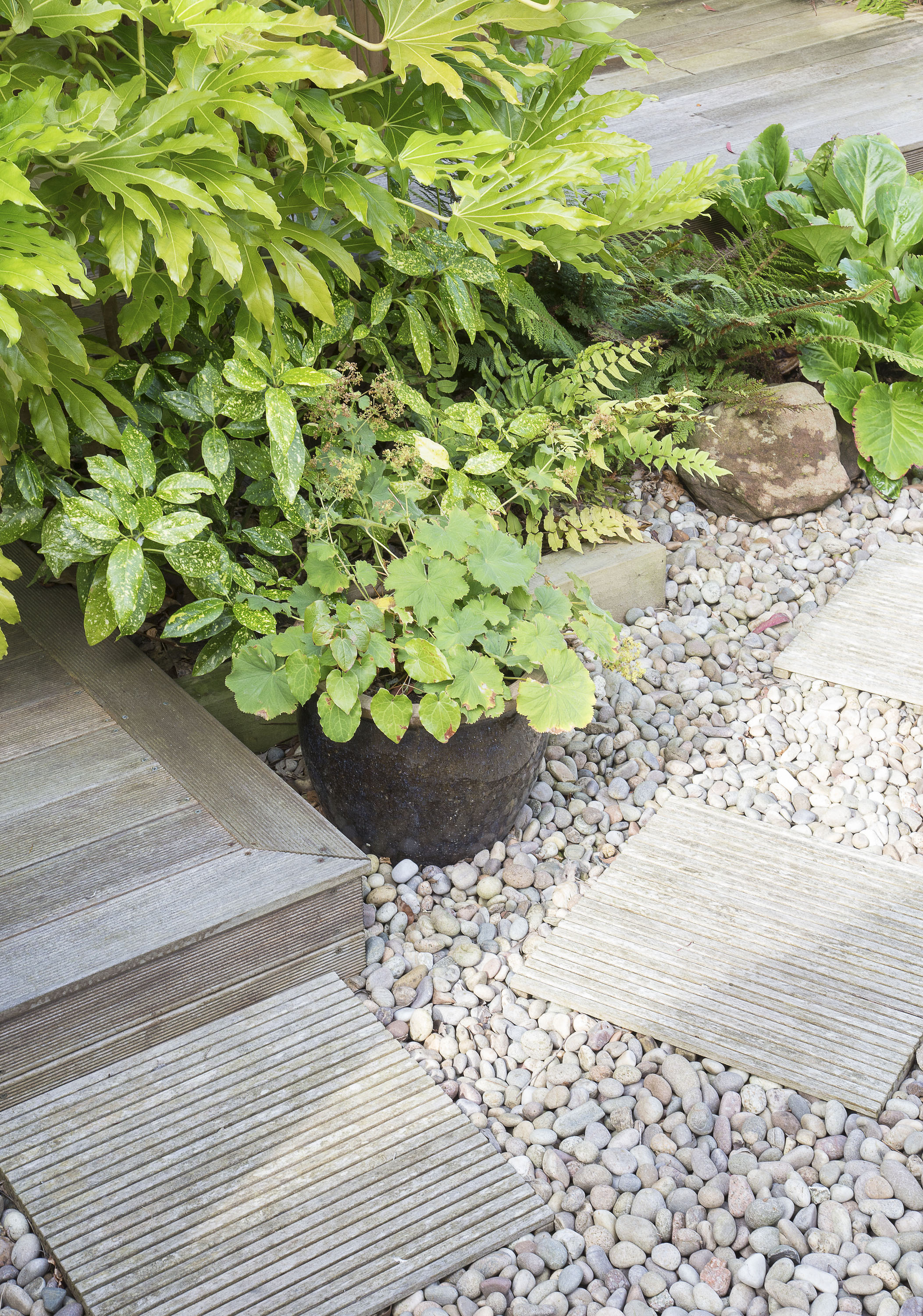 Low maintenance garden ideas: wooden decked stepping stones leading through a gravel pathway