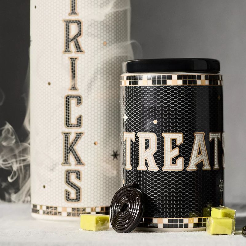 black and white Halloween canisters