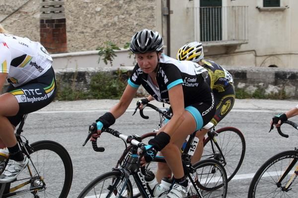 Tania Belverdese (Kleo) glances up the hairpin turn ahead