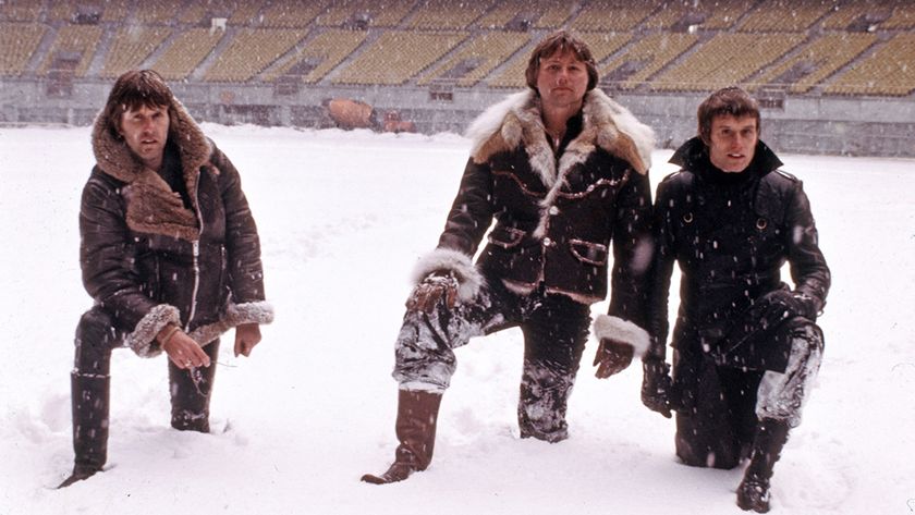 English progressive rock group Emerson Lake and Palmer during rehearsals for the band's 'Works' tour, at the Olympic Stadium, Montreal, Canada, February 1977. Left to right: keyboard player Keith Emerson, guitarist Greg Lake and drummer Carl Palmer. (Photo by Michael Putland/Getty Images)