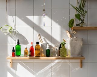 Bathroom shelf with products and plant