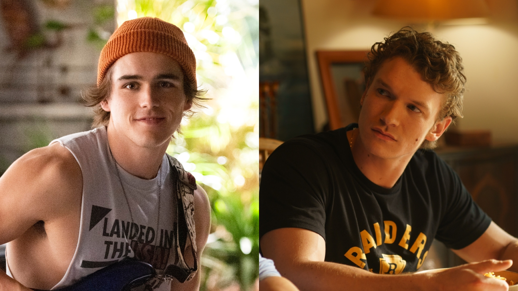 Charlie Gillespie as Luke in episode 103 of Julie and the Phantoms Cr. Kailey Schwerman/Netflix, next to Connor Storrie as Ilya Rozanov in Heated Rivalry, photograph by Sabrina Lantos/HBO Max.