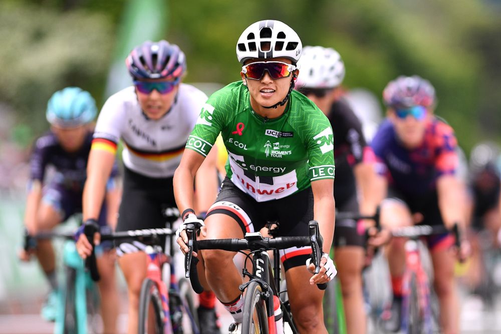 Coryn Rivera celebrates her overall victory at the OVO Energy Women's Tour