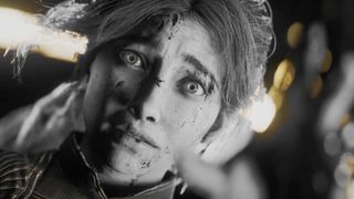 A black white and gold closeup of Maelle from Clair Obscur: Expedition 33.