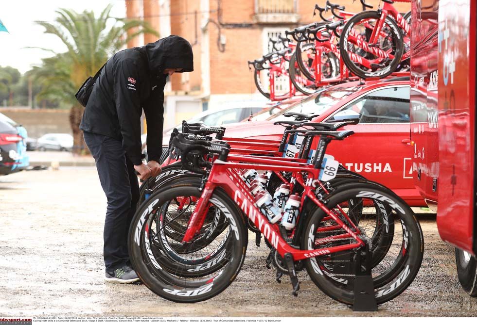 A Katusha mechanic prepares the bikes for stage 5 of the Volta a la Comunitat Valenciana