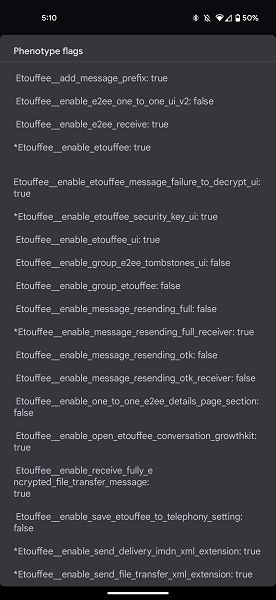 A user's screenshot of the debug menu in Google Messages about e2ee.