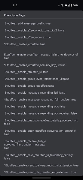 A user's screenshot of the debug menu in Google Messages about e2ee.