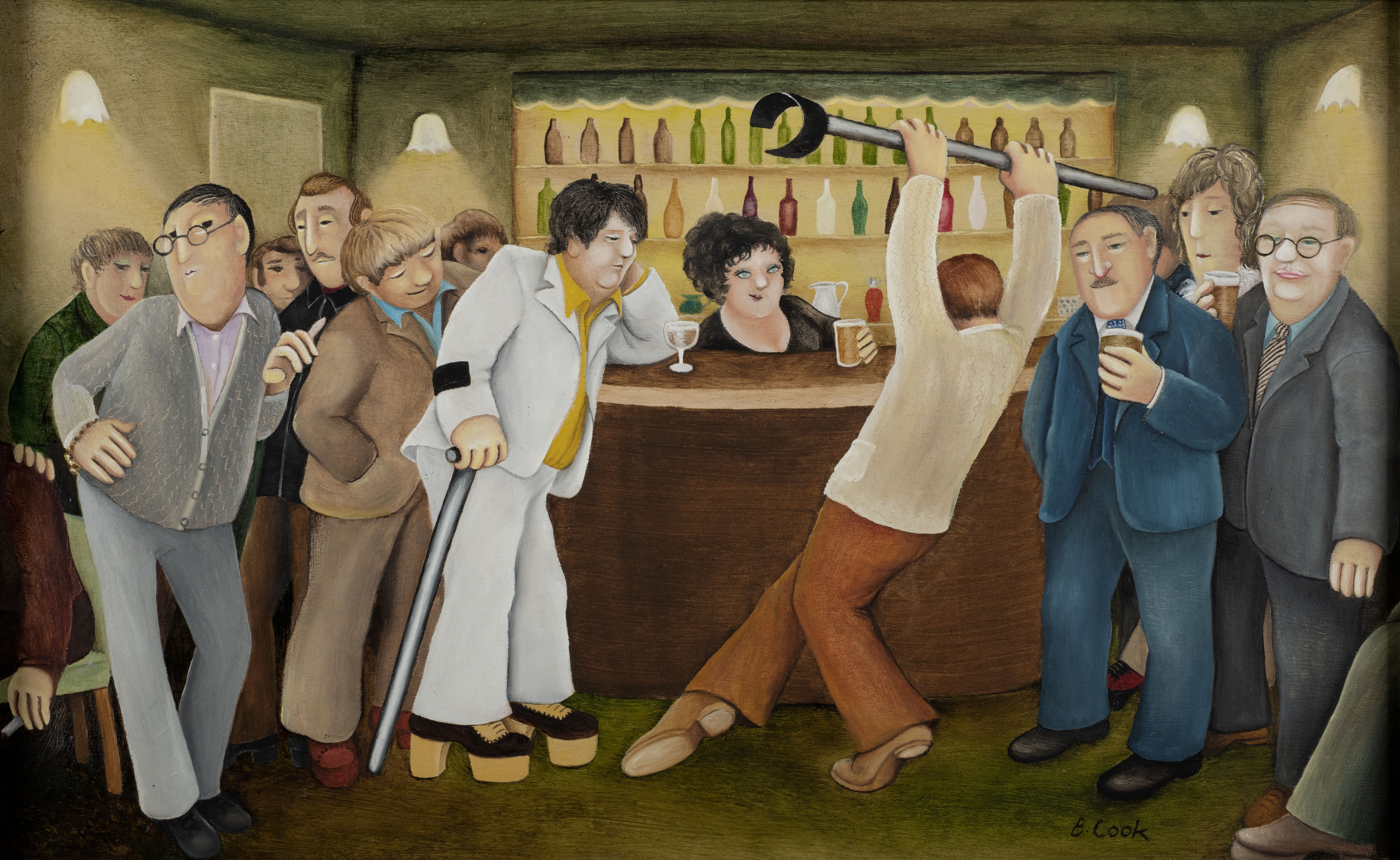 painting by Beryl Cook of men at bar playing with crutches