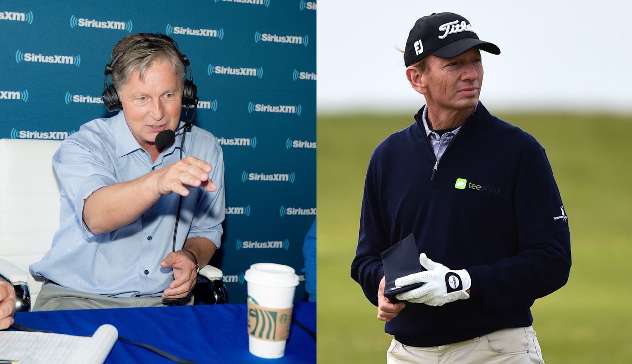 Chamblee talks on TV, Faxon looks on holding his yardage book