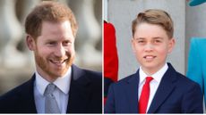 A composite of a picture of Prince Harry in 2020 and Prince George at Trooping the Colour 2025