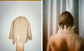 coat hanging and model wearing a coat