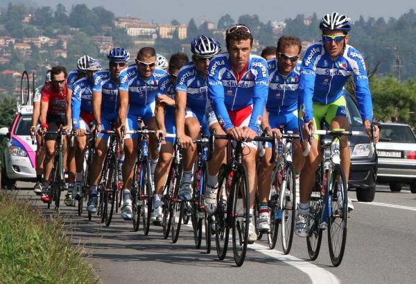 Luca Paolini and Ivan Basso lead the huge Italian squad on a training ride around Mendrisio