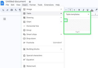 A screenshot of a blank Google Doc with the Table Templates tab open.
