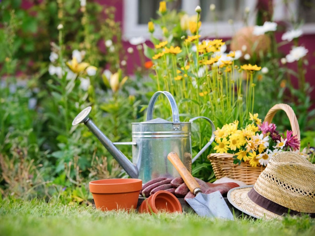 Pile Of Gardening Tools Next To A Flower Garden