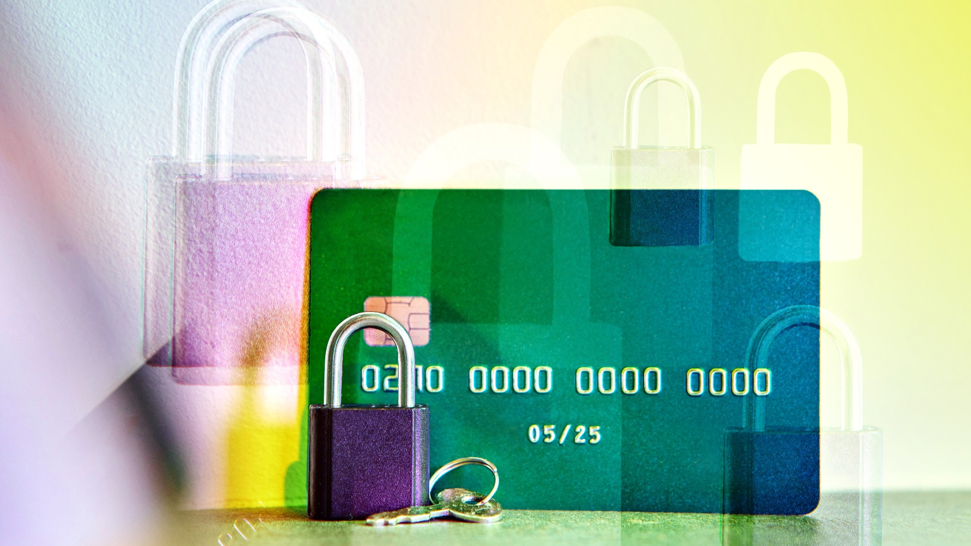 Collage depicting a card card next to a padlock and key