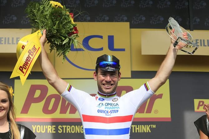 Mark Cavendish (Omega Pharma - QuickStep) on the podium