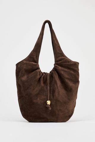 Gathered Suede Bucket Bag