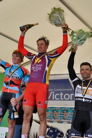The 2012 Melbourne to Warrnambool podium: Aaron Donnelly (Aussie Farmers Direct), Floris Goesinnen (Drapac) and Bradeley Hall (Plan B Racing)