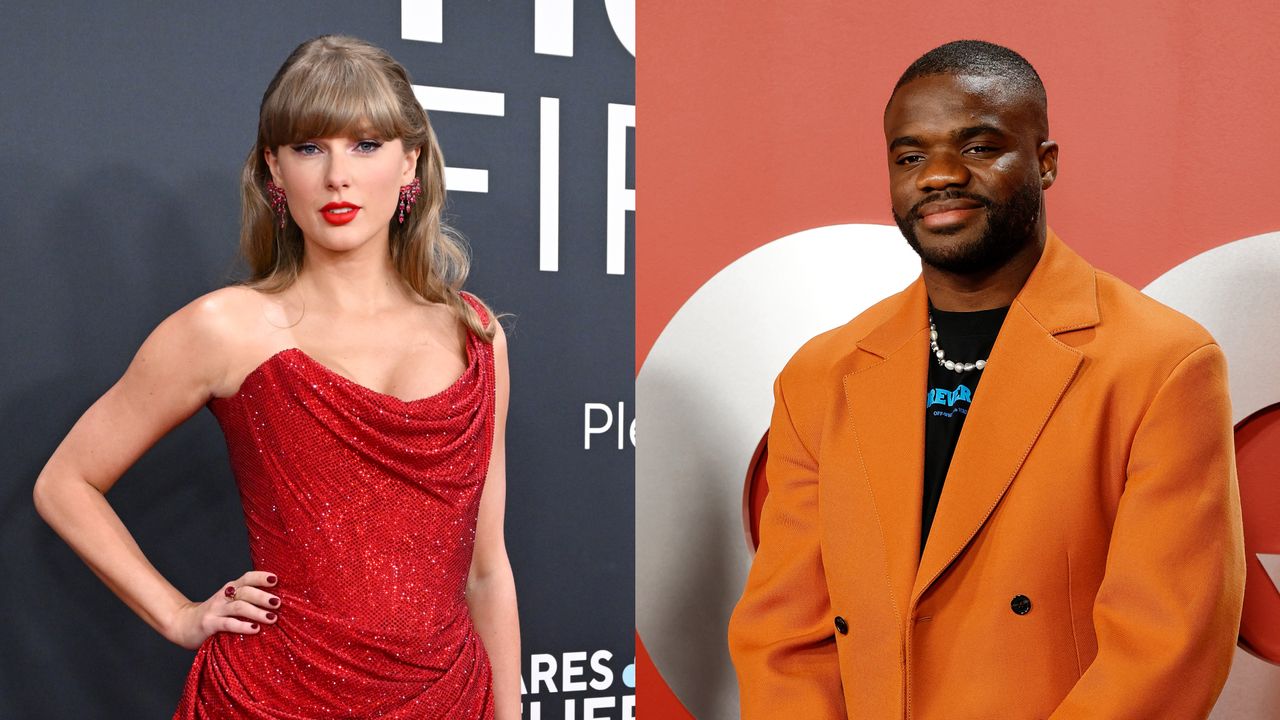 Taylor Swift in a red dress at the 2025 Grammys; Frances Tiafoe in an orange suit and black T-shirt at 2023 GQ Men of the Year 